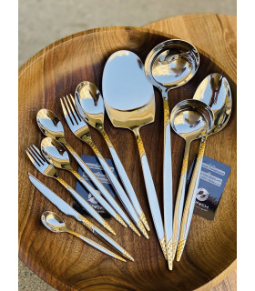سرویس قاشق و چنگال 24 نفره مدل پنیری طلایی نقره ای